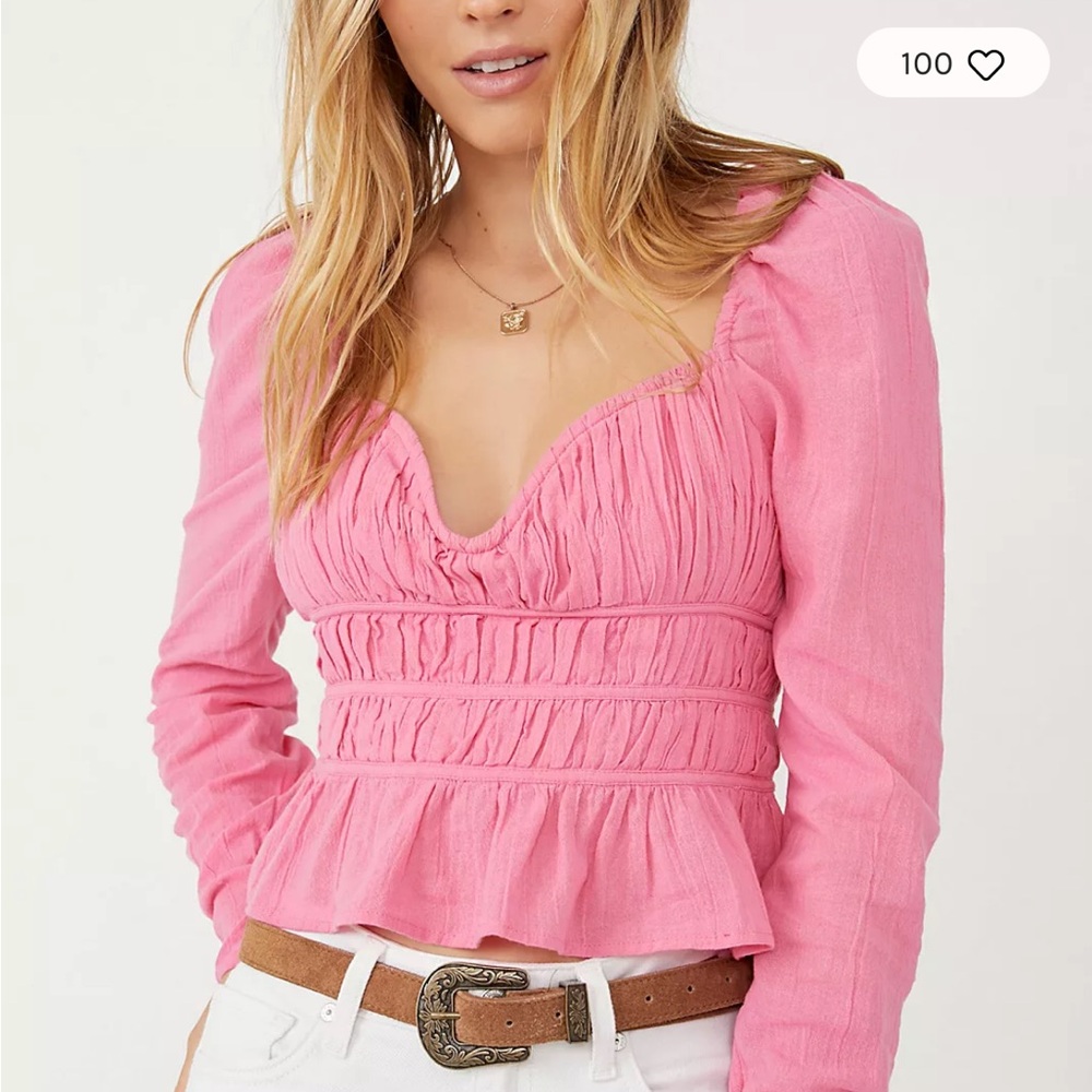 FREE PEOPLE CHLOE TIE BACK LONG SLEEVES CROPPED SMOCKED TOP BLOUSE HOT PINK SZ S